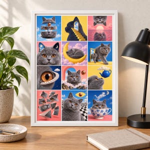 Puede incluir: Una impresi&oacute;n de arte mural enmarcada que presenta una cuadr&iacute;cula de doce ilustraciones surrealistas de gatos grises. Las im&aacute;genes muestran gatos interactuando con lunas, nubes, escaleras, teteras y tazas de t&eacute; en entornos vibrantes y coloridos.