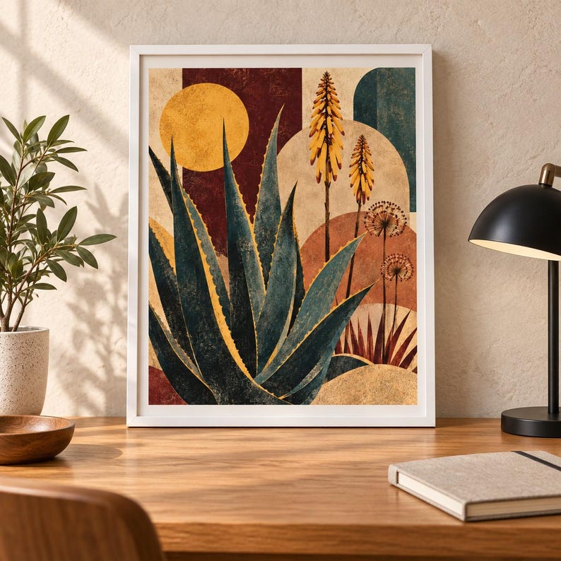 Pu&ograve; includere: Una stampa artistica incorniciata raffigurante una grande pianta di agave verde scuro con bordi gialli, alti fiori di aloe gialli e capolini sferici. Lo sfondo &egrave; composto da forme geometriche nei toni del giallo, rosso scuro e verde acqua.