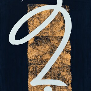 May include: A vertical rectangular painting featuring a central textured gold leaf panel set against a deep navy blue background. A single, fluid, off-white brushstroke forms a large, sweeping calligraphic shape that overlays the gold and navy.