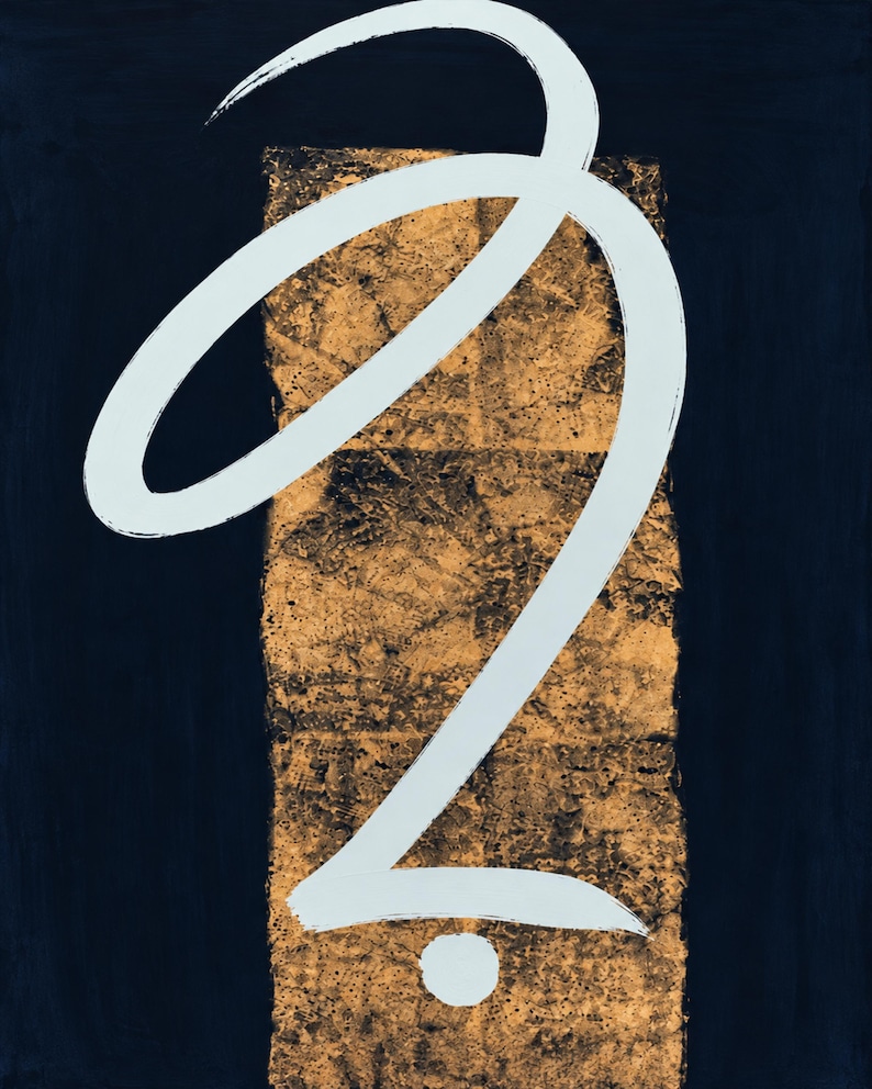 May include: A vertical rectangular painting featuring a central textured gold leaf panel set against a deep navy blue background. A single, fluid, off-white brushstroke forms a large, sweeping calligraphic shape that overlays the gold and navy.