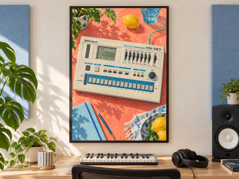 May include: A framed print featuring a Roland TR-727 Rhythm Composer drum machine on a vibrant orange surface. The scene includes a lemon, a blue glass of water, a blue notebook with a pen, and a bowl with lemons, all under bright sunlight.