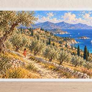 K&ouml;nnte beinhalten: Ein Landschaftsgem&auml;lde, das einen sonnigen mediterranen Hang mit Olivenb&auml;umen, einem Steinpfad und einer Person in einem korallenfarbenen Kleid zeigt, die auf ein K&uuml;stendorf zugeht. Die Szene umfasst ein blaues Meer, Berge und Segelboote.