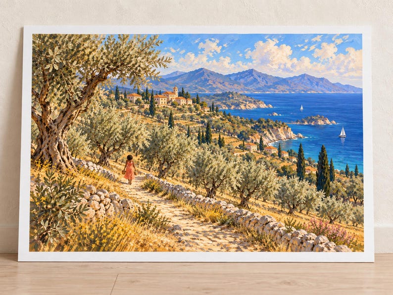 K&ouml;nnte beinhalten: Ein Landschaftsgem&auml;lde, das einen sonnigen mediterranen Hang mit Olivenb&auml;umen, einem Steinpfad und einer Person in einem korallenfarbenen Kleid zeigt, die auf ein K&uuml;stendorf zugeht. Die Szene umfasst ein blaues Meer, Berge und Segelboote.