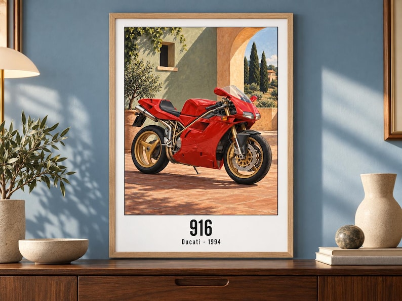 May include: A framed wall art print featuring a red Ducati 916 motorcycle parked on a terracotta patio. The text 916 and Ducati 1994 is printed in black at the bottom. The background shows a Mediterranean-style building with an archway.