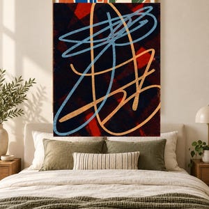 May include: A rectangular wall art piece featuring a dark background with overlapping red geometric shapes. Overlaid on this are bold, continuous hand-drawn lines in light blue and tan, creating an abstract composition of intersecting loops.