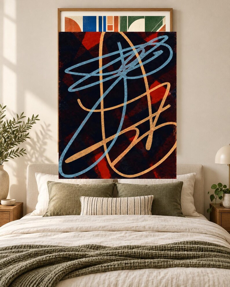 May include: A rectangular wall art piece featuring a dark background with overlapping red geometric shapes. Overlaid on this are bold, continuous hand-drawn lines in light blue and tan, creating an abstract composition of intersecting loops.