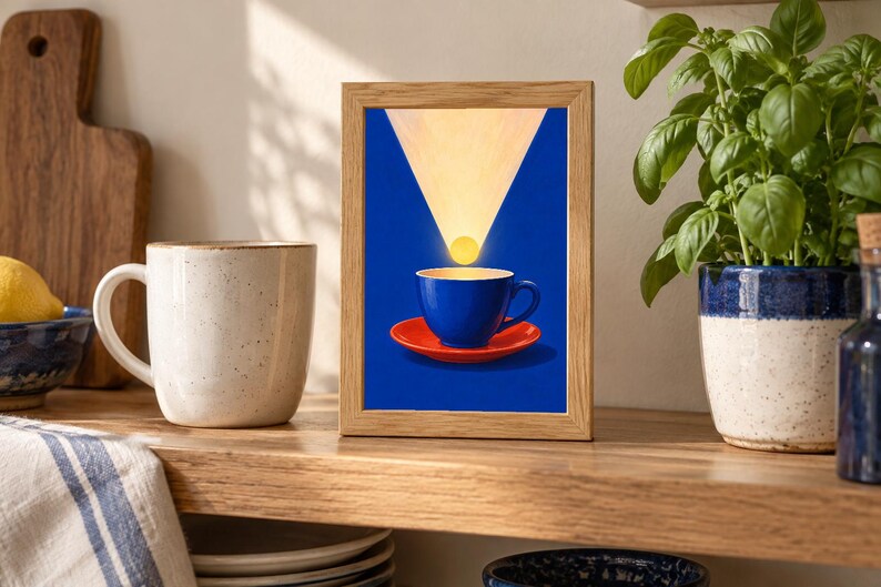 Puede incluir: Un marco de madera rectangular que contiene una impresi&oacute;n de una taza de caf&eacute; azul sobre un platillo rojo. Sobre la taza, una fuente de luz circular amarilla emite un haz triangular contra un fondo azul s&oacute;lido, creando una composici&oacute;n gr&aacute;fica.