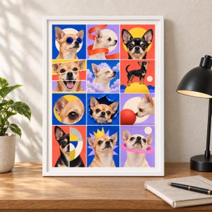 K&ouml;nnte beinhalten: Ein gerahmter Kunstdruck mit einem Raster aus zw&ouml;lf farbigen Quadraten, die jeweils ein anderes Portr&auml;t oder eine Szene eines Chihuahua-Hundes zeigen. Die Bilder enthalten verschiedene Posen, Ausdr&uuml;cke und grafische Elemente wie eine Sonnenbrille.