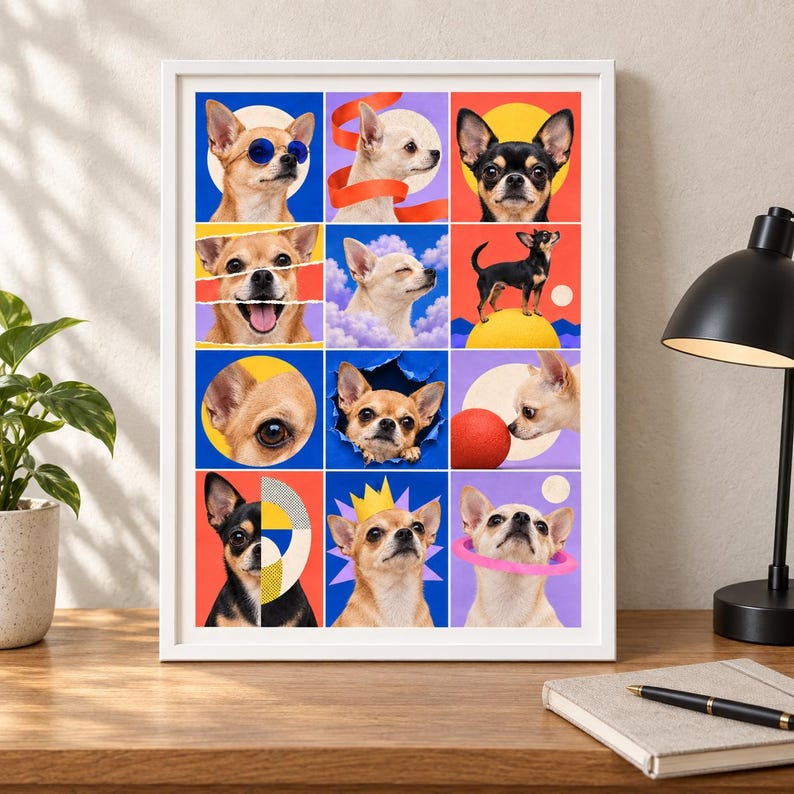 K&ouml;nnte beinhalten: Ein gerahmter Kunstdruck mit einem Raster aus zw&ouml;lf farbigen Quadraten, die jeweils ein anderes Portr&auml;t oder eine Szene eines Chihuahua-Hundes zeigen. Die Bilder enthalten verschiedene Posen, Ausdr&uuml;cke und grafische Elemente wie eine Sonnenbrille.