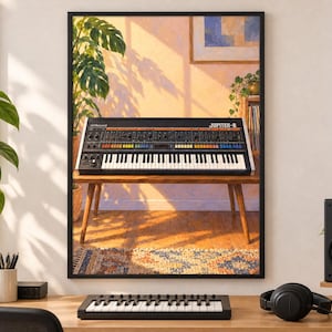 Op de afbeelding: Een ingelijste muurkunstprint met een Roland Jupiter-8 synthesizer op een houten tafel. Het keyboard heeft een zwart bedieningspaneel met kleurrijke knoppen, witte en zwarte toetsen, en de tekst Roland en JUPITER-8 bovenaan afgedrukt.