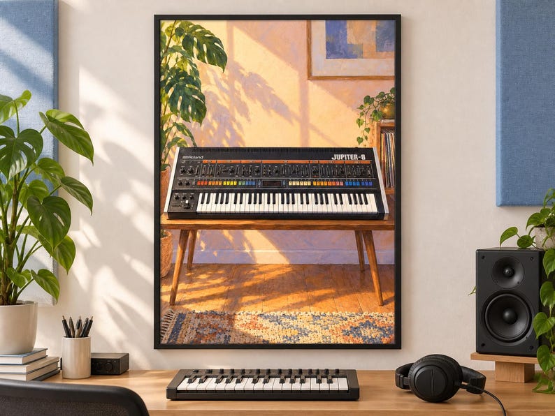 Op de afbeelding: Een ingelijste muurkunstprint met een Roland Jupiter-8 synthesizer op een houten tafel. Het keyboard heeft een zwart bedieningspaneel met kleurrijke knoppen, witte en zwarte toetsen, en de tekst Roland en JUPITER-8 bovenaan afgedrukt.