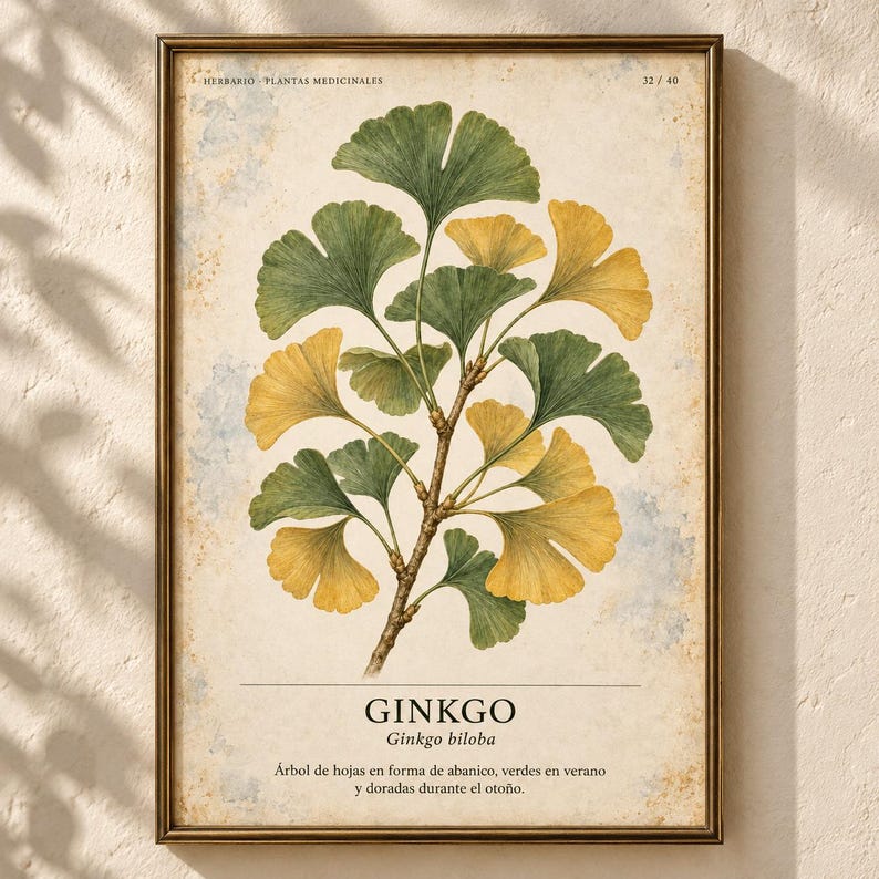 Pu&ograve; includere: Una stampa botanica incorniciata con un'illustrazione centrale di un ramo di ginkgo biloba con foglie a ventaglio in tonalit&agrave; verdi e gialle. Il testo riporta HERBARIO PLANTAS MEDICINALES 32/40, GINKGO Ginkgo biloba e una descrizione in spagnolo.