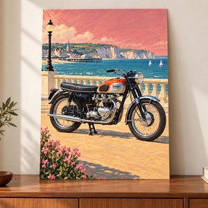 May include: A vertical wall art print depicting a vintage orange and silver motorcycle parked on a seaside promenade. The background features a blue ocean, white cliffs, a pier, and a pink sunset sky. Pink flowers are visible in the foreground.