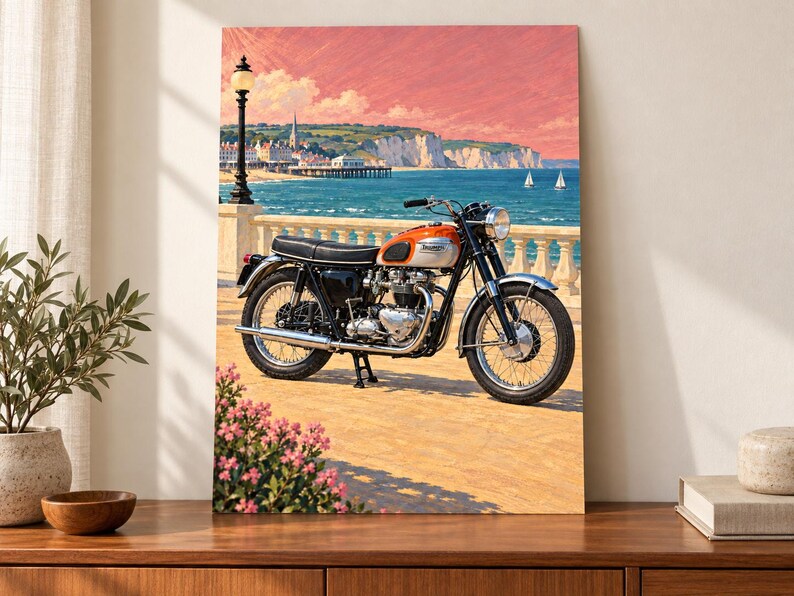 May include: A vertical wall art print depicting a vintage orange and silver motorcycle parked on a seaside promenade. The background features a blue ocean, white cliffs, a pier, and a pink sunset sky. Pink flowers are visible in the foreground.