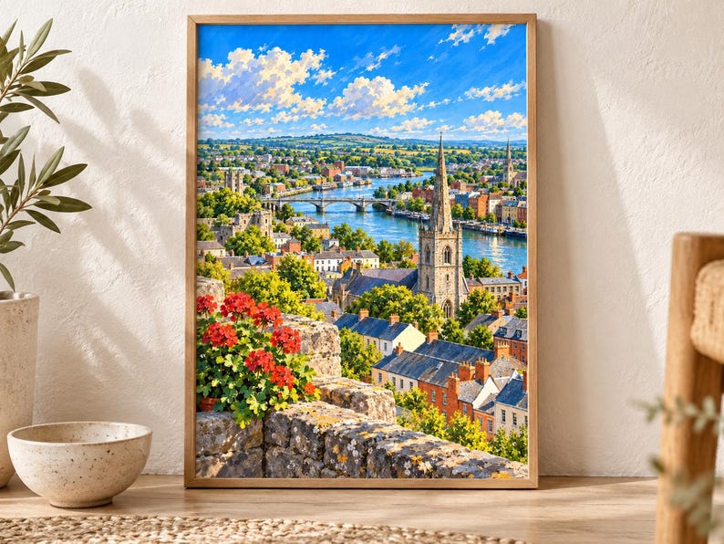 May include: A framed wall art print depicting a vibrant landscape of a town with a stone church spire, a river, and a bridge under a bright blue sky with white clouds. In the foreground, a stone wall is adorned with bright red geranium flowers.