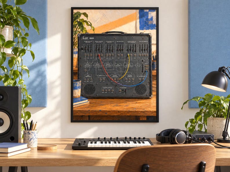 May include: A framed wall print featuring a black ARP 2600 analog synthesizer with a complex interface of sliders, knobs, and patch points. The synthesizer is connected with red, yellow, and blue patch cables and sits on a wooden surface.
