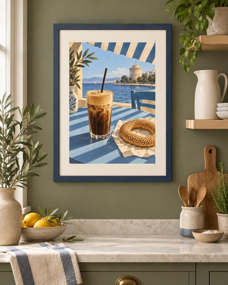 May include: A framed art print featuring a painting of a glass of iced coffee with a black straw and a sesame seed bagel on a blue table. The scene depicts a coastal view with a white tower in the distance under a blue sky and striped awning.