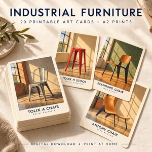 May include: A set of 20 printable art cards and A2 prints titled Industrial Furniture. The cards feature images of furniture including the Tolix A Chair, Tolix H Stool, Standard Chair, and Antony Chair, with text identifying each piece and designer.