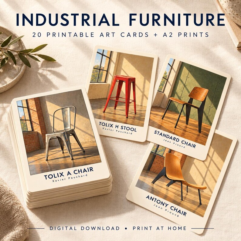 May include: A set of 20 printable art cards and A2 prints titled Industrial Furniture. The cards feature images of furniture including the Tolix A Chair, Tolix H Stool, Standard Chair, and Antony Chair, with text identifying each piece and designer.