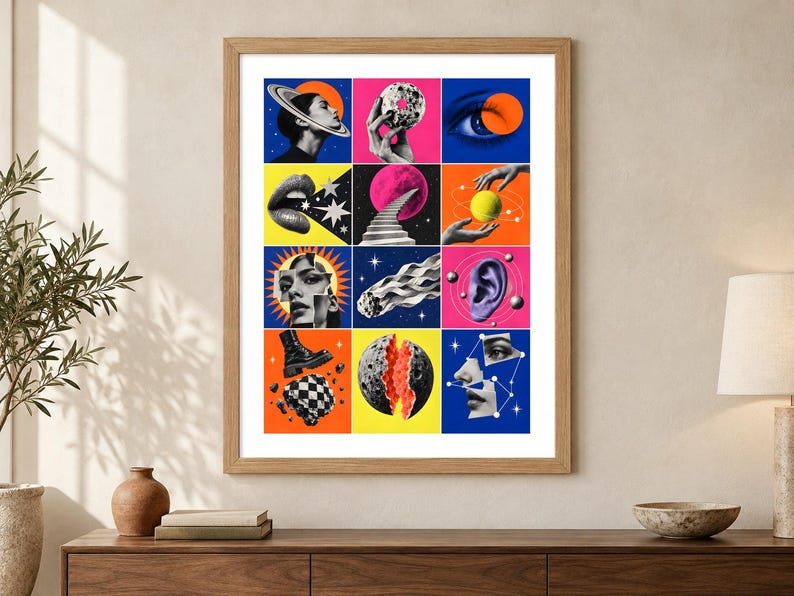 K&ouml;nnte beinhalten: Ein gerahmter Collage-Druck mit einem Raster aus zw&ouml;lf surrealen Bildern. Das Kunstwerk zeigt lebendige Bl&ouml;cke in Blau, Gelb, Pink und Orange, die schwarz-wei&szlig;e fotografische Elemente wie Himmelsk&ouml;rper, menschliche Merkmale und geometrische Formen enthalten.