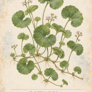 Może przedstawiać: Botaniczna ilustracja rośliny Gotu Kola, Centella asiatica, przedstawiająca zaokrąglone, faliste zielone liście na smukłych łodygach z małymi r&oacute;żowymi kwiatostanami. Tekst zawiera HERBARIUM MEDICINAL PLANTS 35 / 40, GOTU KOLA, Centella asiatica oraz A creeping herb with rounded, wavy-edged leaves attached to long, slender stalks.