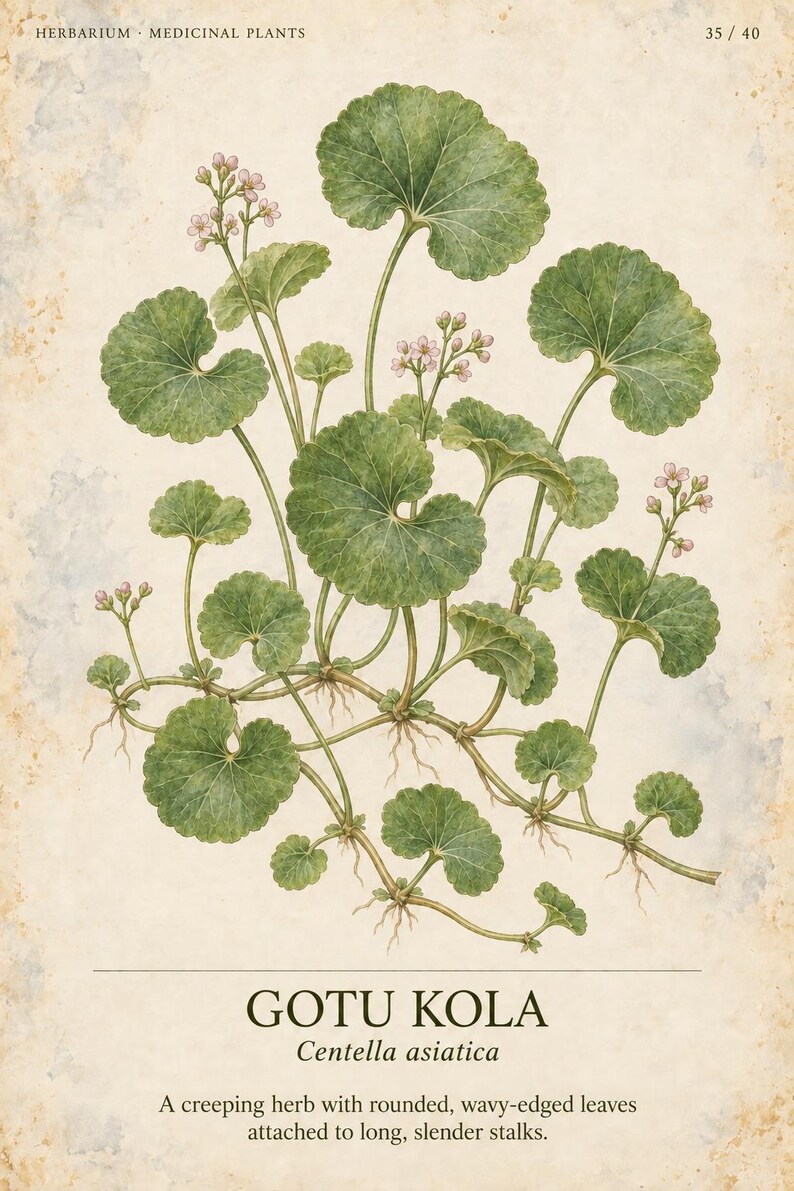 Może przedstawiać: Botaniczna ilustracja rośliny Gotu Kola, Centella asiatica, przedstawiająca zaokrąglone, faliste zielone liście na smukłych łodygach z małymi r&oacute;żowymi kwiatostanami. Tekst zawiera HERBARIUM MEDICINAL PLANTS 35 / 40, GOTU KOLA, Centella asiatica oraz A creeping herb with rounded, wavy-edged leaves attached to long, slender stalks.