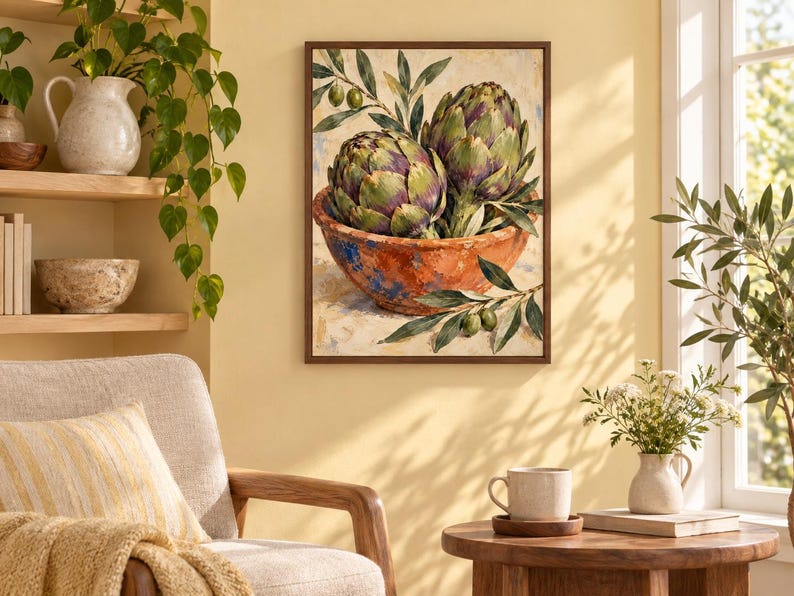 May include: A rectangular framed wall art print featuring an oil painting of two green and purple artichokes resting in a rustic, textured terracotta-colored bowl, accented with green olive branches and leaves against a light, neutral background.