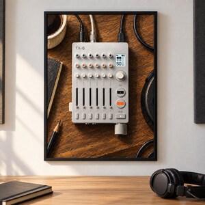 May include: A silver TX-6 portable mixer featuring six channel faders, multiple rotary knobs, a small digital display showing the number 50, and an orange button. The device is connected to black cables and is displayed within a black frame.