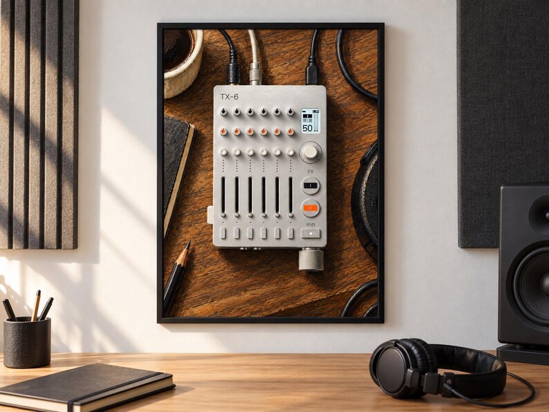 May include: A silver TX-6 portable mixer featuring six channel faders, multiple rotary knobs, a small digital display showing the number 50, and an orange button. The device is connected to black cables and is displayed within a black frame.