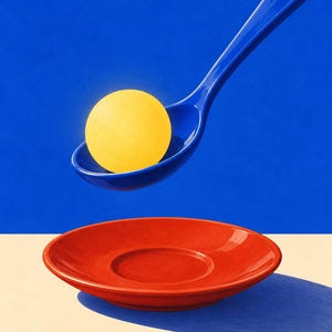 May include: A bright yellow sphere rests inside a glossy blue spoon that is suspended in the air above a vibrant red saucer. The composition features bold, saturated colors with a clear contrast between the primary blue, yellow, and red elements.