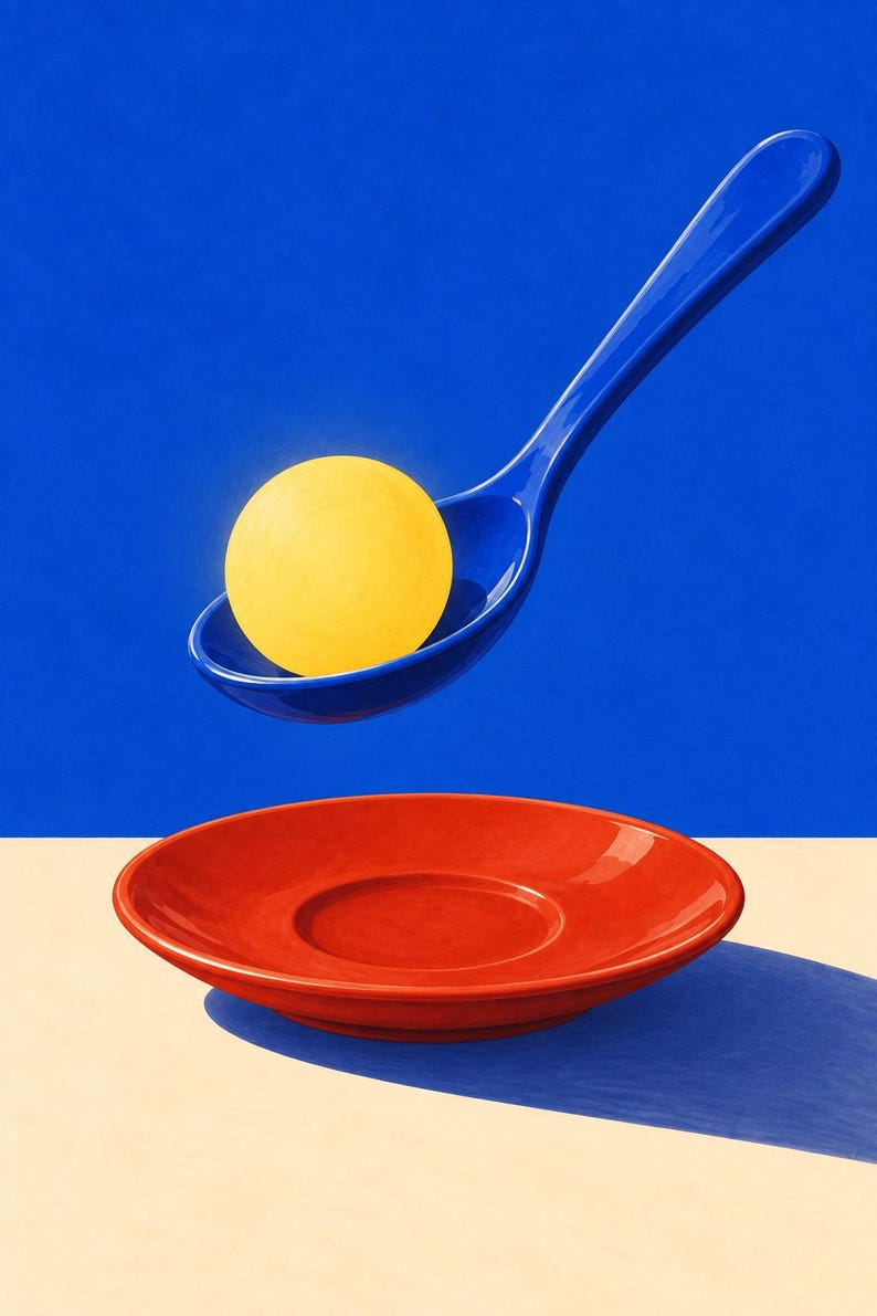 May include: A bright yellow sphere rests inside a glossy blue spoon that is suspended in the air above a vibrant red saucer. The composition features bold, saturated colors with a clear contrast between the primary blue, yellow, and red elements.