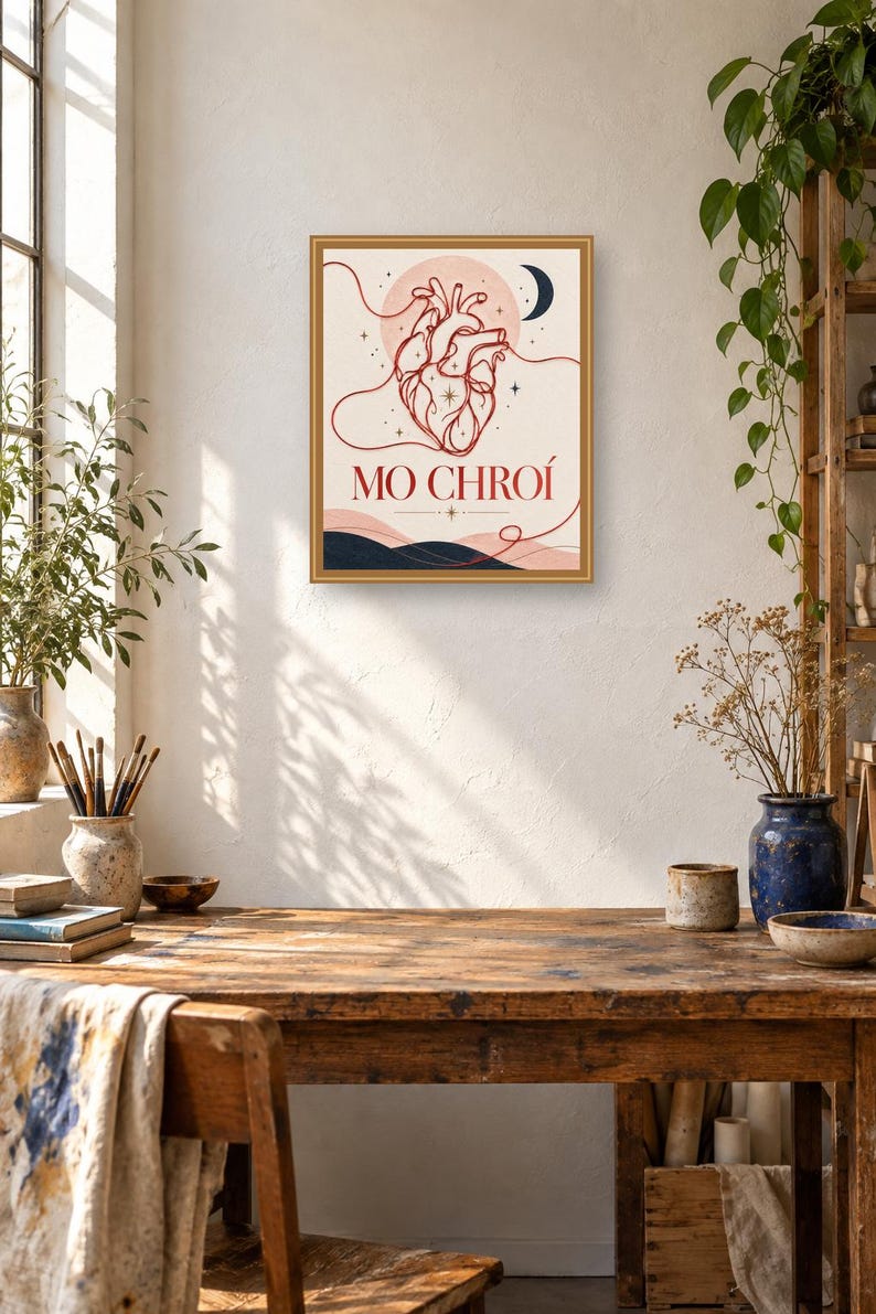 May include: A rectangular wall art print in a gold frame featuring a red line-art anatomical heart illustration, a dark blue crescent moon, and the text MO CHRO&Iacute; centered above dark blue abstract hills on a light cream background.