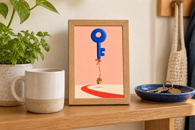 May include: A rectangular wooden frame containing a print of a blue key floating like a balloon, tied by a red string to a small yellow house with a red roof, situated on a white landscape with a red path leading toward the house.