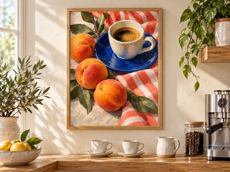 May include: A framed wall art print depicting a still life scene with three ripe orange peaches with green leaves resting on a white and orange striped cloth next to a white ceramic coffee cup placed on a vibrant blue saucer filled with black coffee.