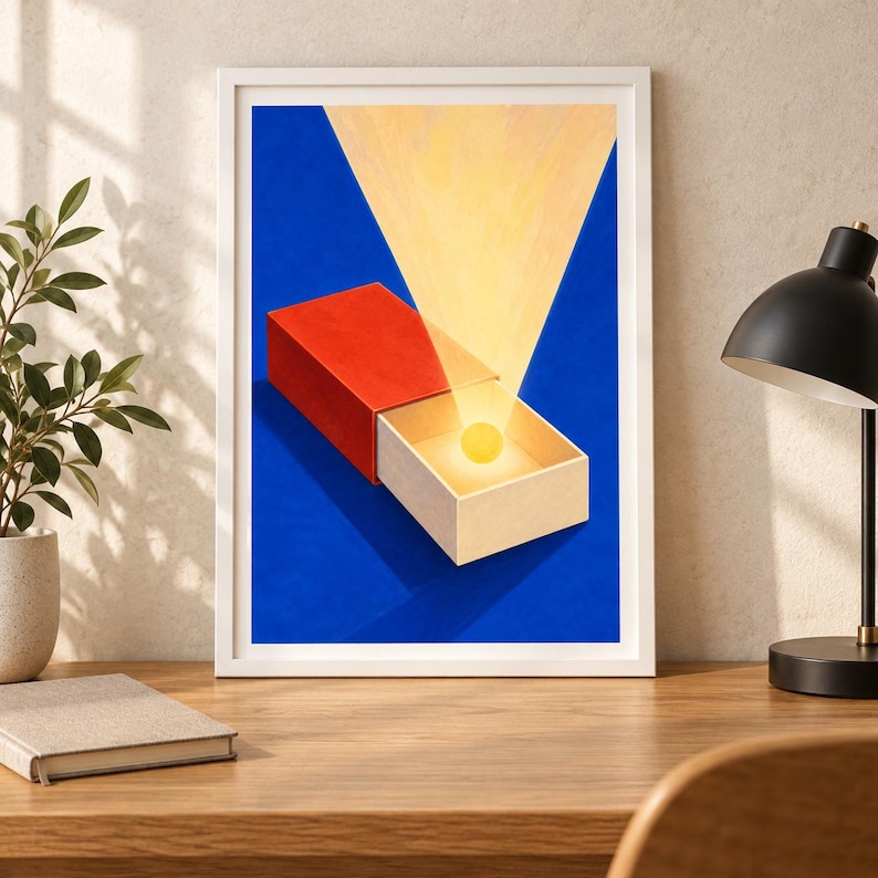 May include: A framed art print featuring a vibrant blue background with a red matchbox partially open. A bright yellow light emanates from inside the matchbox, casting a triangular beam of light upward against the deep blue backdrop.