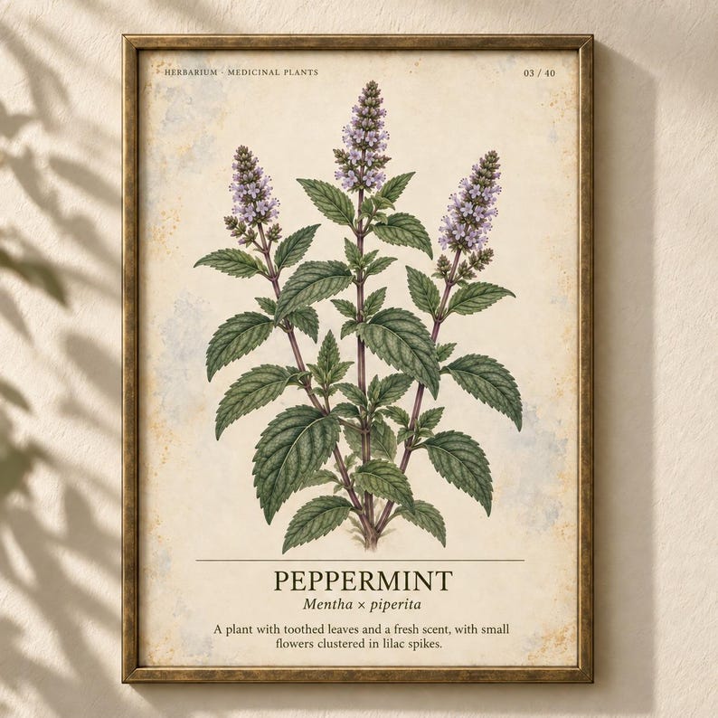 Op de afbeelding: Een ingelijste botanische print van een pepermuntplant met groene getande bladeren en paarse bloemaren. De tekst luidt HERBARIUM MEDICINAL PLANTS 03/40, PEPPERMINT, Mentha x piperita, inclusief een beschrijving van de bladeren en de geur.