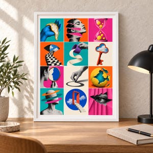May include: A framed surrealist collage print featuring a grid of twelve distinct panels. Imagery includes a melting clock, a sliced face, an hourglass, a checkered staircase, a floating key, a cracked globe, and an eye peering through pink curtains.