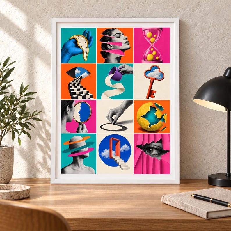 May include: A framed surrealist collage print featuring a grid of twelve distinct panels. Imagery includes a melting clock, a sliced face, an hourglass, a checkered staircase, a floating key, a cracked globe, and an eye peering through pink curtains.