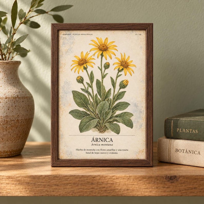 K&ouml;nnte beinhalten: Ein gerahmter botanischer Druck mit einer Illustration der gelben Arnica montana Blume auf cremefarbenem Hintergrund. Der Text lautet HERBARIO PLANTAS MEDICINALES, 13/40, &Aacute;RNICA, Arnica montana, sowie eine spanische Beschreibung.