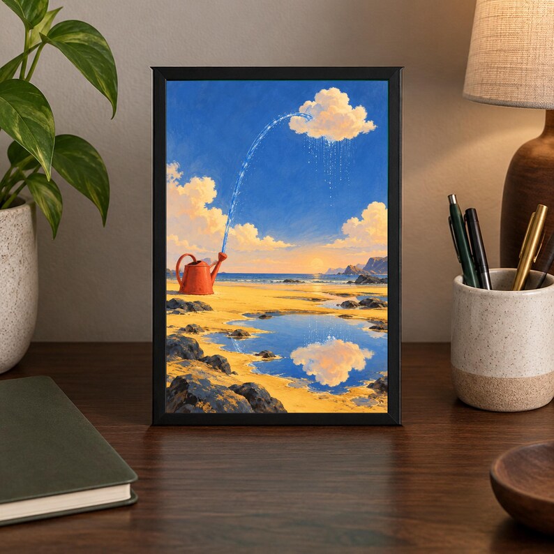 K&ouml;nnte beinhalten: Ein gerahmter Druck mit einer surrealen Landschaft, die eine rote Gie&szlig;kanne an einem Sandstrand zeigt, die einen Wasserstrahl in eine einzelne Wolke spr&uuml;ht, aus der es regnet. Die Szene umfasst einen blauen Himmel, ein ruhiges Meer und eine Spiegelung.