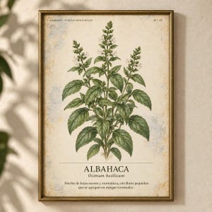 May include: A framed botanical print featuring a green basil plant with small white flowers on a cream-colored background. The text reads HERBARIO PLANTAS MEDICINALES 40/40, ALBAHACA, Ocimum basilicum, and a description of the plant in Spanish.