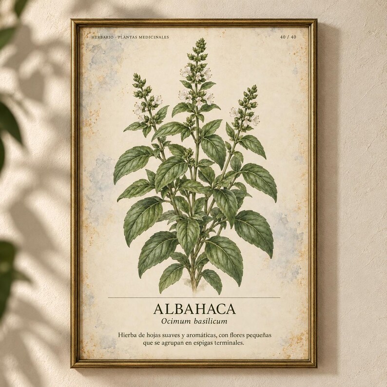 May include: A framed botanical print featuring a green basil plant with small white flowers on a cream-colored background. The text reads HERBARIO PLANTAS MEDICINALES 40/40, ALBAHACA, Ocimum basilicum, and a description of the plant in Spanish.