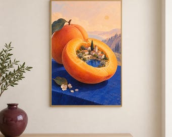 Decoración de pared "Pueblo de albaricoques" / Pequeño pueblo hecho de frutas (Descarga digital)