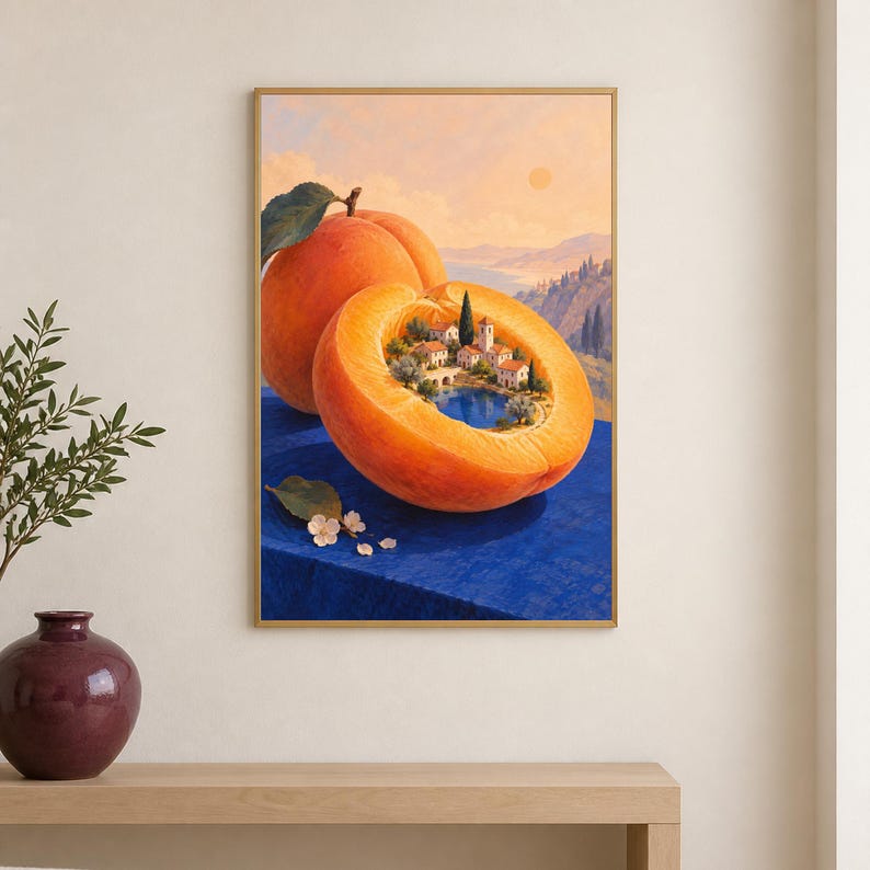 May include: A framed wall art print featuring a surreal illustration of a large orange peach with a hollowed-out center containing a miniature Mediterranean village and a blue lake. The peach rests on a deep blue surface against a sunset landscape.