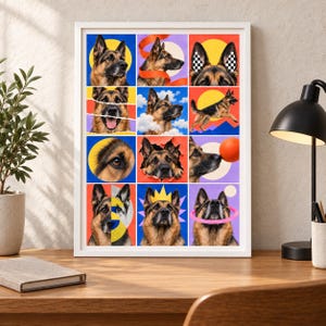 May include: A framed wall art print featuring a grid of twelve distinct portraits and illustrations of German Shepherd dogs. The artwork displays various artistic styles, including colorful geometric backgrounds, pop art elements, and photographic imagery.