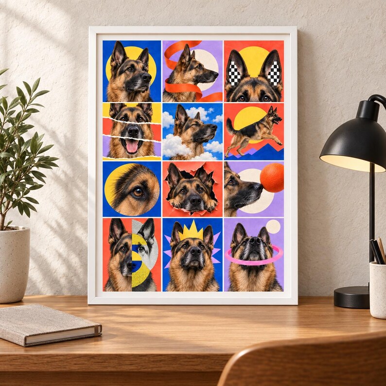 May include: A framed wall art print featuring a grid of twelve distinct portraits and illustrations of German Shepherd dogs. The artwork displays various artistic styles, including colorful geometric backgrounds, pop art elements, and photographic imagery.