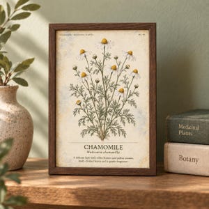 May include: A framed botanical print featuring a detailed illustration of a chamomile plant with white petals and yellow centers. The text reads HERBARIUM MEDICINAL PLANTS, CHAMOMILE, Matricaria chamomilla, and a description of the herb.