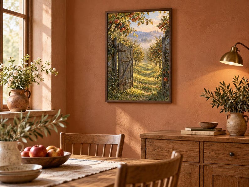 Peut inclure: Une impression d'art mural encadr&eacute;e repr&eacute;sentant un portail en bois ouvert menant &agrave; un verger de pommiers ensoleill&eacute; avec des arbres charg&eacute;s de fruits rouges, une brume matinale l&eacute;g&egrave;re et de l'herbe verte, dans une pi&egrave;ce aux murs terracotta.