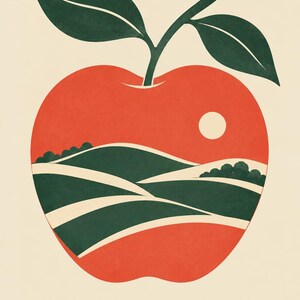 May include: A graphic art print featuring a large red apple shape containing a landscape of rolling green hills and a small white sun. Two dark green leaves extend from the top of the apple. The word ARMAGH is printed in dark green at the bottom.