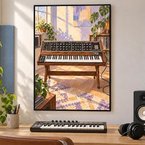 May include: A framed wall art print depicting a vintage Moog synthesizer on a wooden stand in a sunlit room with indoor plants, a patterned rug, and a bookshelf. The artwork features a warm color palette with golden sunlight and purple shadows.